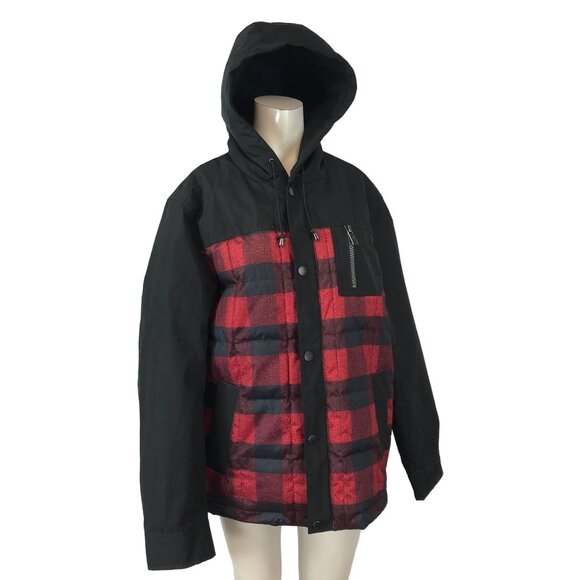 Pendleton Mens Down Coat Buffalo Check Plaid M Hood Full Zip Winter Red Black - Picture 1 of 7